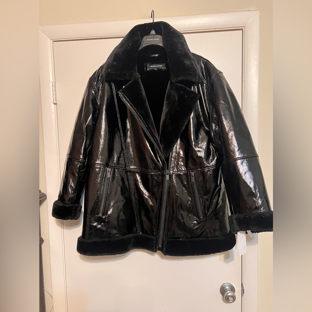 $445 NWT  Leather Glossy Black Real Leather Aviator Jacket  faux-fur Sz XL